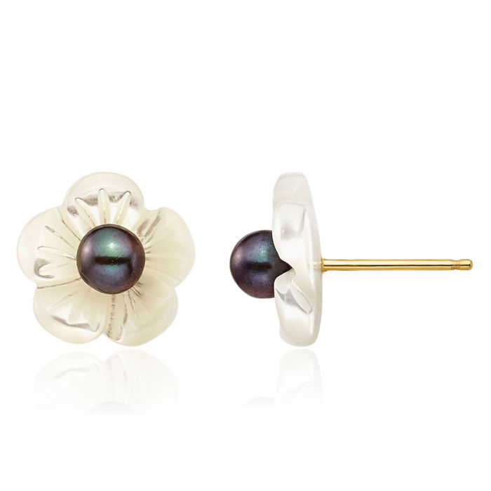 14K Solid Yellow Gold 3mm Black Round Freshwater Cultured Pearl 10mm White Mother of Flower Stud Earrings