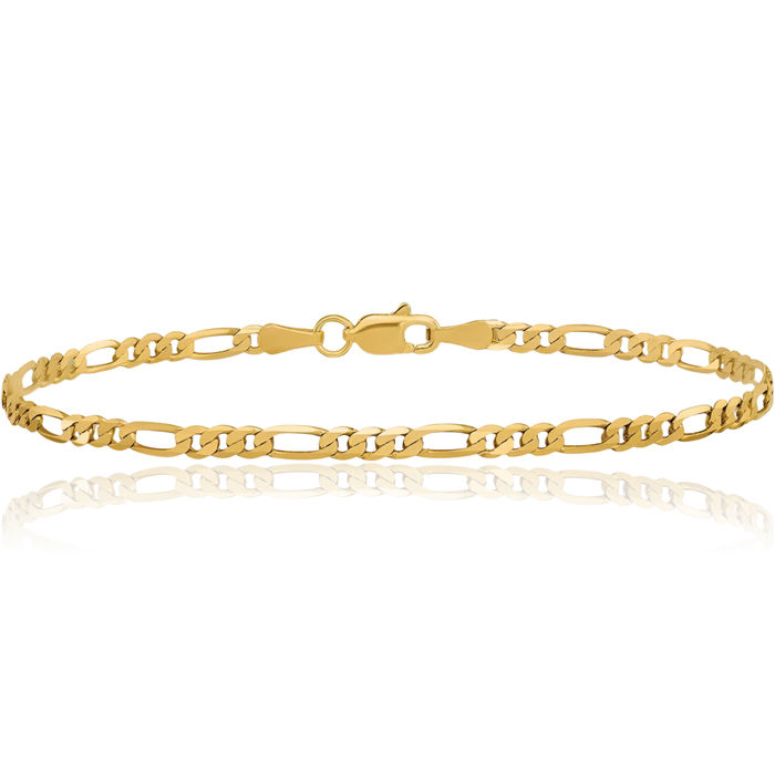 14K Solid Yellow Gold 3mm Concave Figaro Link Chain Bracelet