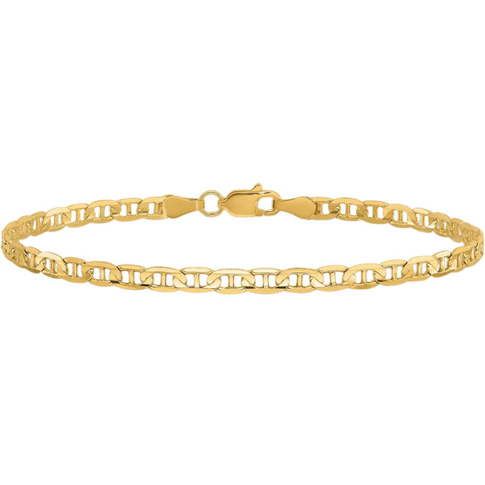 14K Solid Yellow Gold 3mm Concave Anchor Mariner Link Chain Bracelet