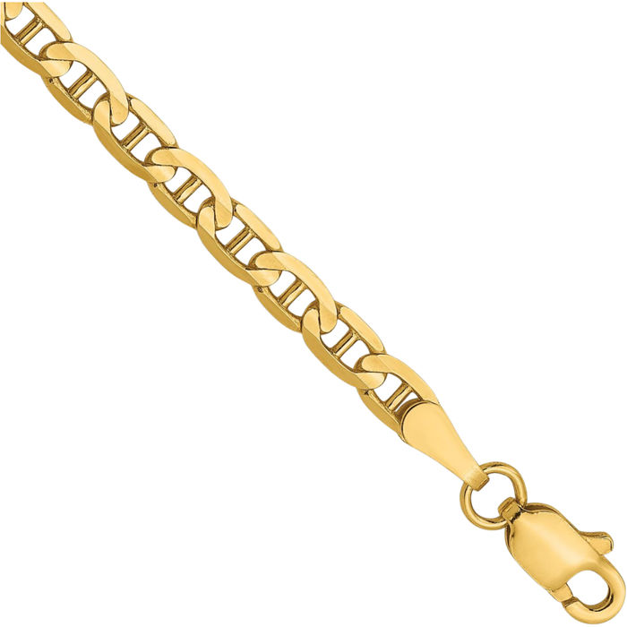 14K Solid Yellow Gold 3mm Concave Anchor Mariner Link Chain Bracelet