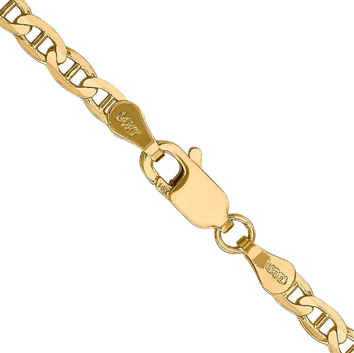 14K Solid Yellow Gold 3mm Concave Anchor Mariner Link Chain Necklace