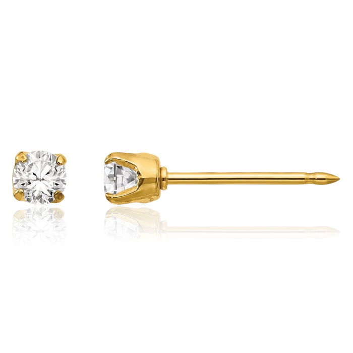 14K Solid Yellow Gold 3mm Cubic Zirconia CZ Long Stud Earrings