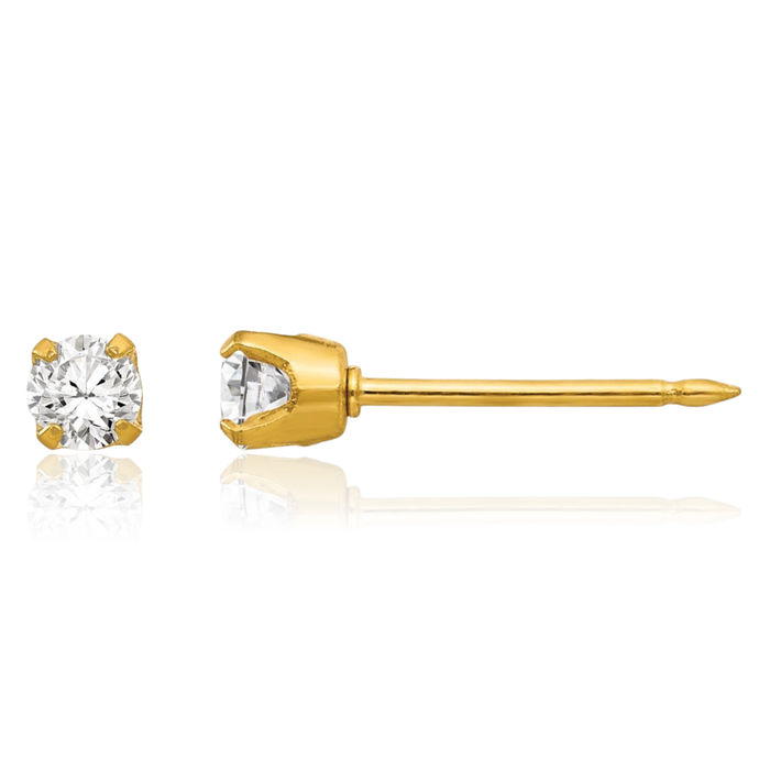 14K Solid Yellow Gold 3mm Cubic Zirconia CZ Stud Earrings