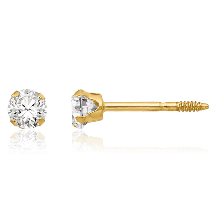 14K Solid Yellow Gold 3mm Cubic Zirconia CZ Stud Earrings April Birthstone Jewelry