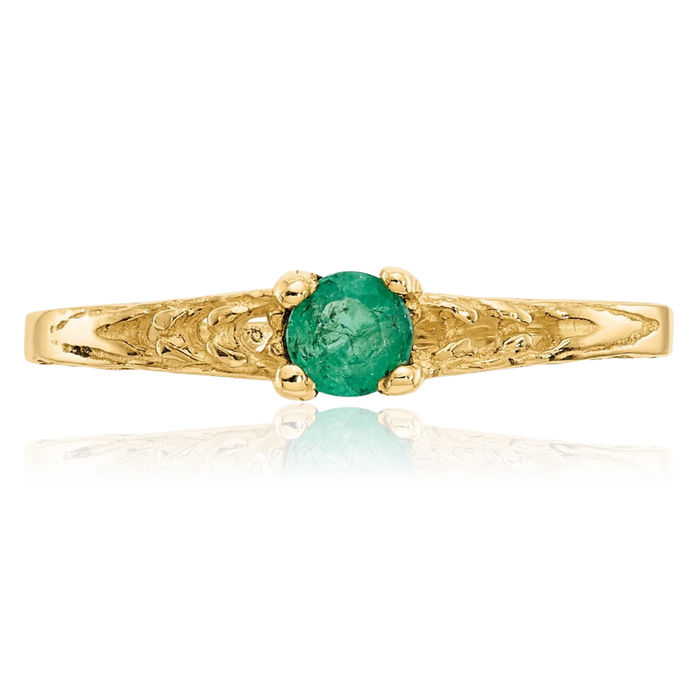 14K Solid Yellow Gold 3mm Green Emerald Ring May Birthstone Jewelry