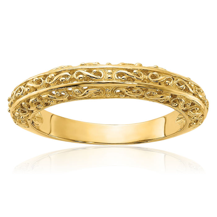 14K Solid Yellow Gold 3mm Antique Filigree Wedding Band Ring