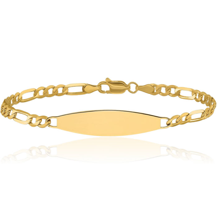 14K Solid Yellow Gold 3mm Figaro Link Name Bar Identification ID Bracelet