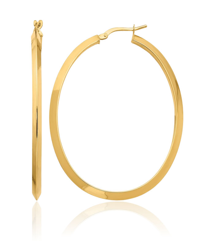 14K Solid Yellow Gold 3mm Knife Edge Oval Large Hoop Earrings