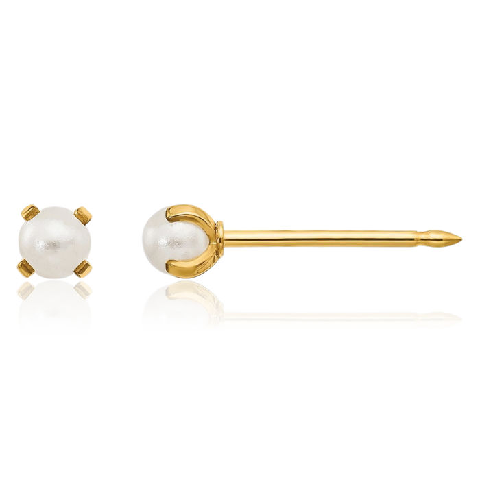 14K Solid Yellow Gold 3mm Pearl Stud Earrings