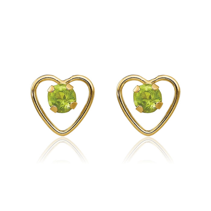 14K Solid Yellow Gold 3mm Green Peridot Heart Stud Earrings August Birthstone Jewelry