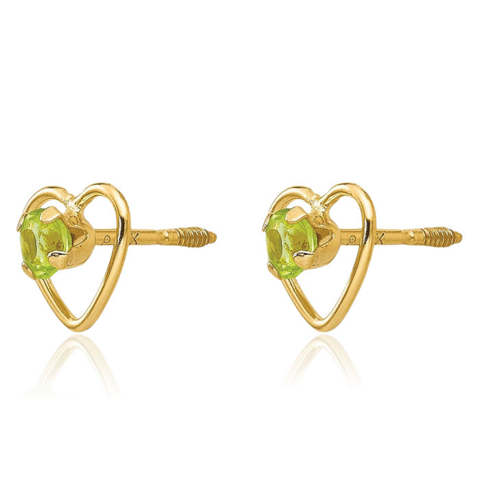 14K Solid Yellow Gold 3mm Green Peridot Heart Stud Earrings August Birthstone Jewelry