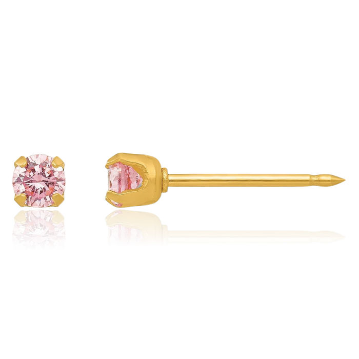 14K Solid Yellow Gold 3mm Pink Cubic Zirconia CZ Stud Earrings