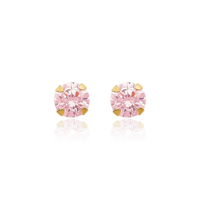 14K Solid Yellow Gold 3mm Pink Cubic Zirconia CZ Stud Earrings