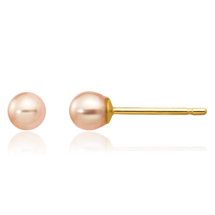 14K Solid Yellow Gold 3mm Pink Round Freshwater Cultured Pearl Stud Earrings