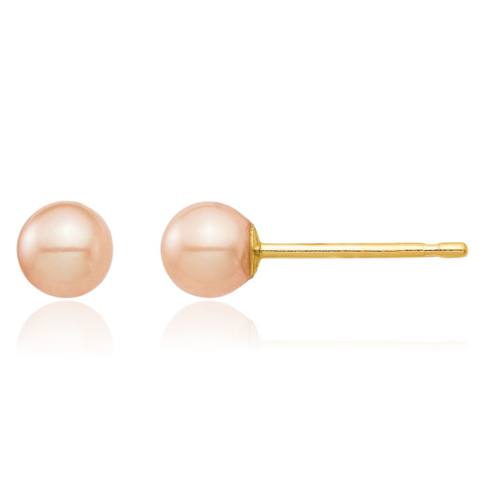 14K Solid Yellow Gold 3mm Pink Round Freshwater Cultured Pearl Stud Earrings Silicone Backs