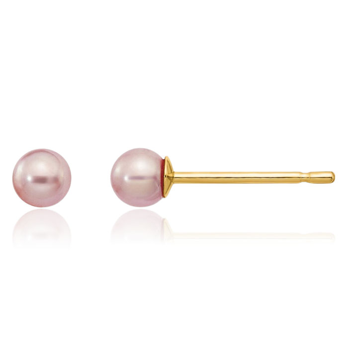 14K Solid Yellow Gold 3mm Purple Round Freshwater Cultured Pearl Stud Earrings