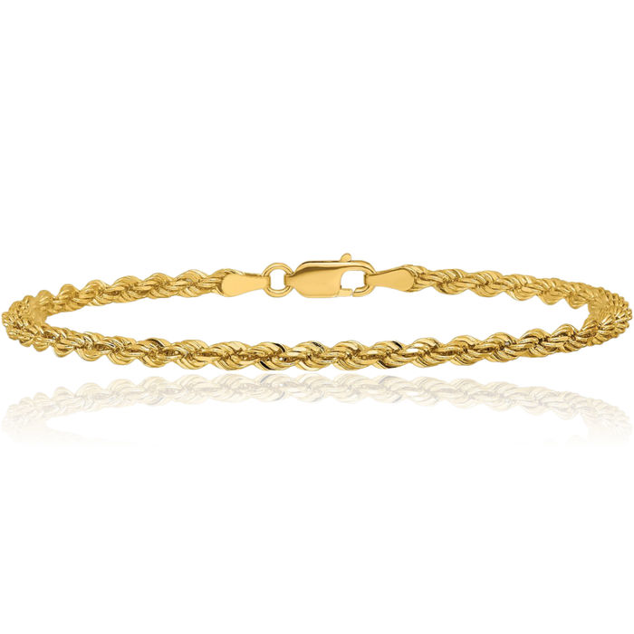 14K Solid Yellow Gold 3mm Rope Chain Bracelet