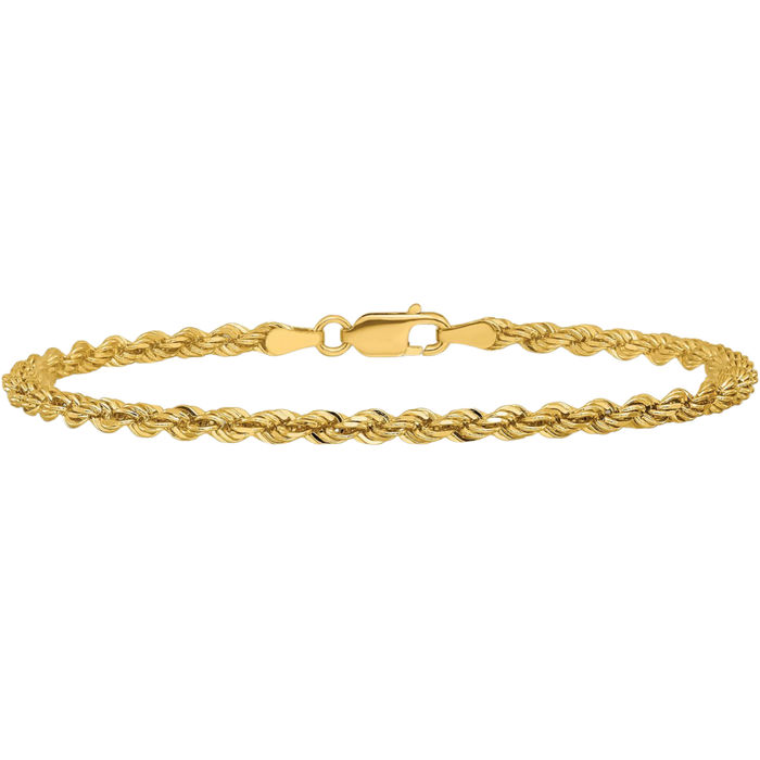 14K Solid Yellow Gold 3mm Rope Chain Bracelet