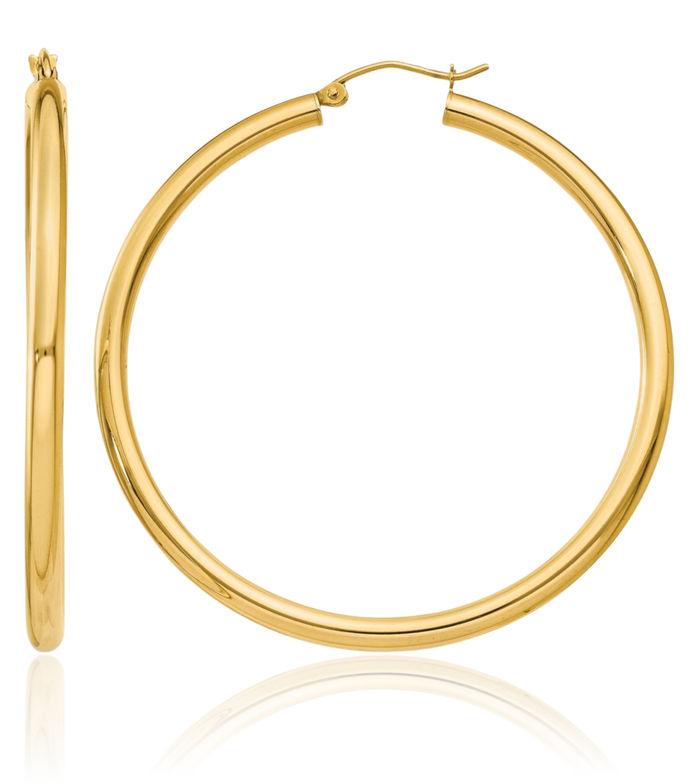 14K Solid Yellow Gold 3mm Tube Round Extra Large Hoop Earrings