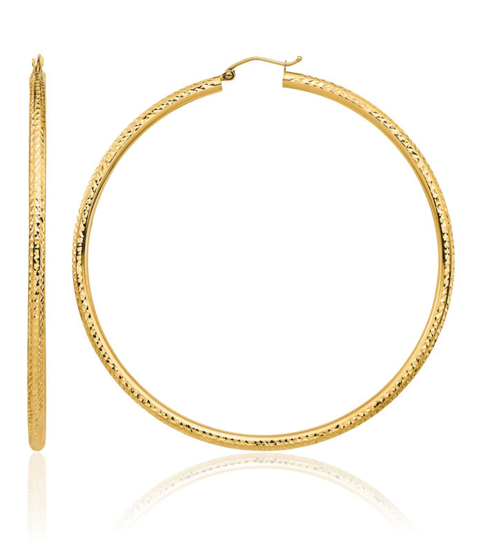 14K Solid Yellow Gold 3mm Round Extra Large Hoop Earrings