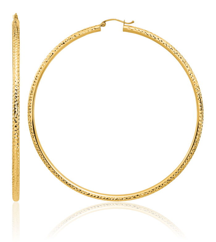 14K Solid Yellow Gold 3mm Round Extra Large Hoop Earrings