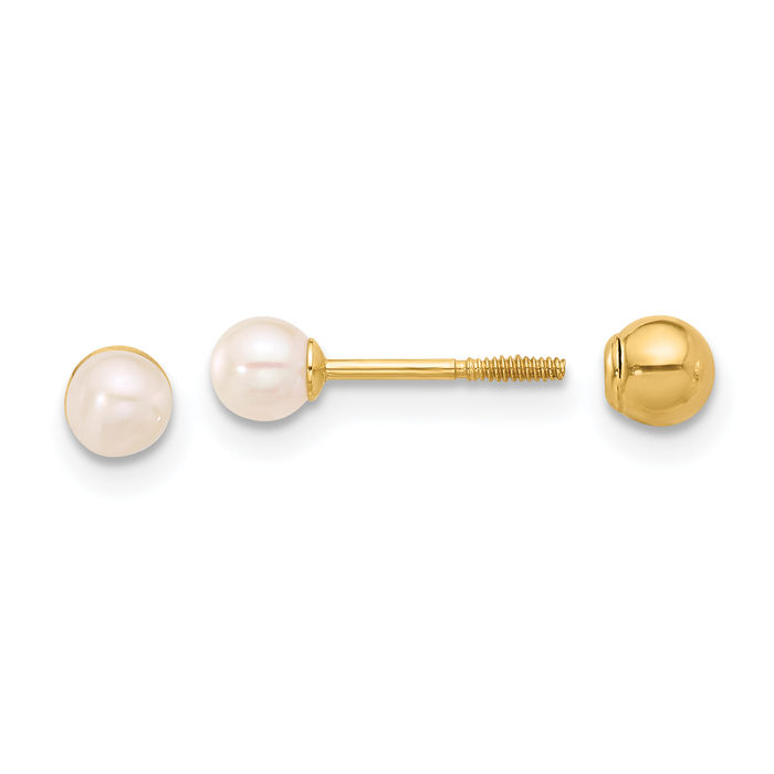 14K Solid Yellow Gold 3mm Round Freshwater Cultured Pearl Ball Post Screw Back Stud Earrings