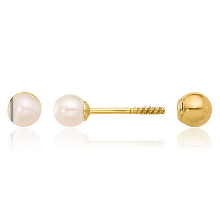 14K Solid Yellow Gold 3mm Round Freshwater Cultured Pearl Ball Post Screw Back Stud Earrings