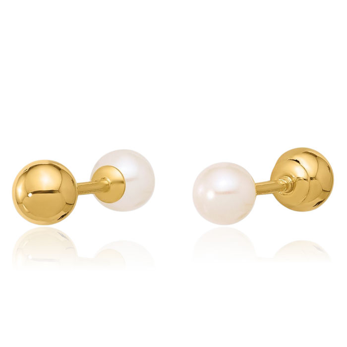 14K Solid Yellow Gold 3mm Round Freshwater Cultured Pearl Ball Post Screw Back Stud Earrings