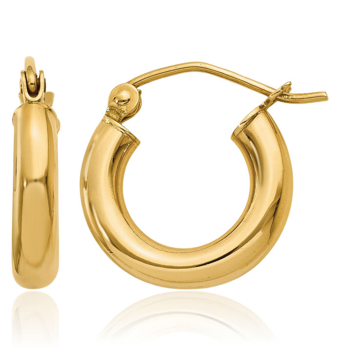 14K Solid Yellow Gold 3mm Tube Round Huggie Small Hoop Earrings