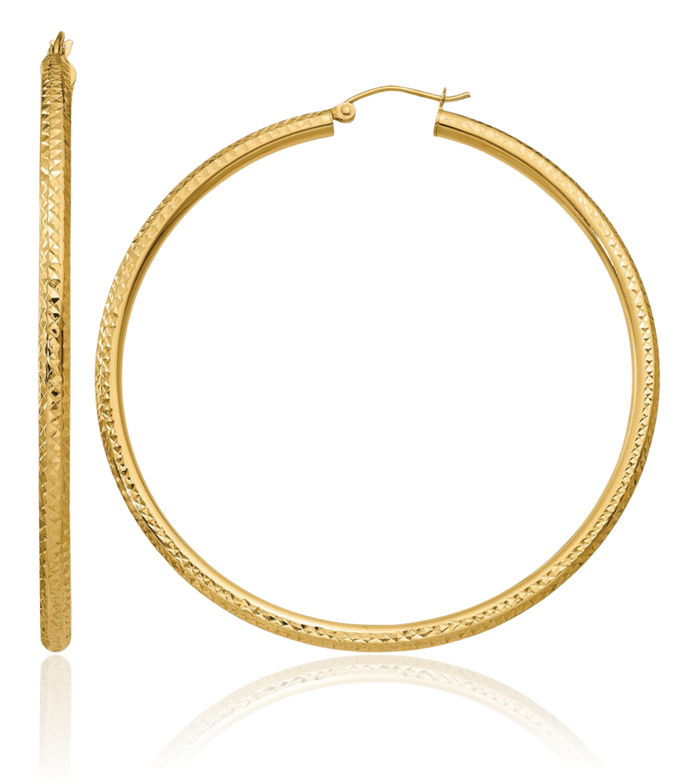 14K Solid Yellow Gold 3mm Round Large Hoop Earrings