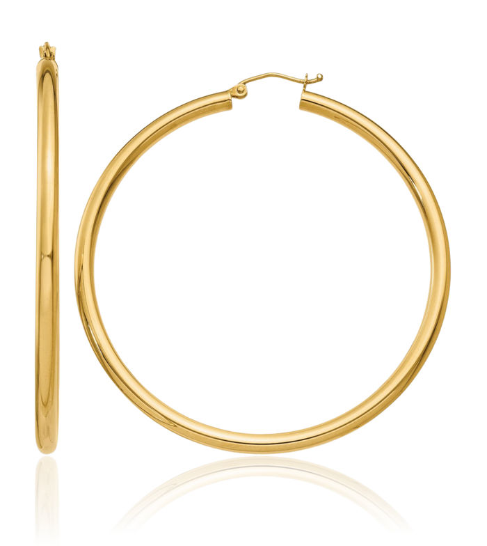 14K Solid Yellow Gold 3mm Tube Round Large Hoop Earrings