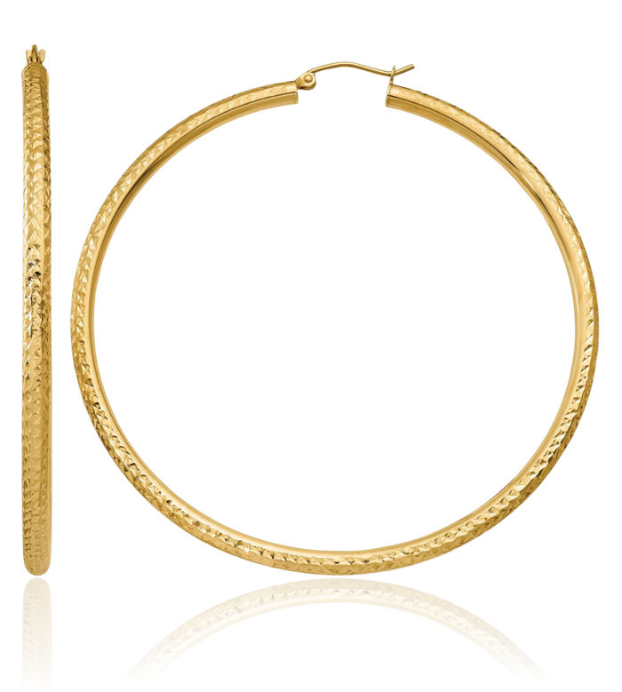 14K Solid Yellow Gold 3mm Round Large Hoop Earrings