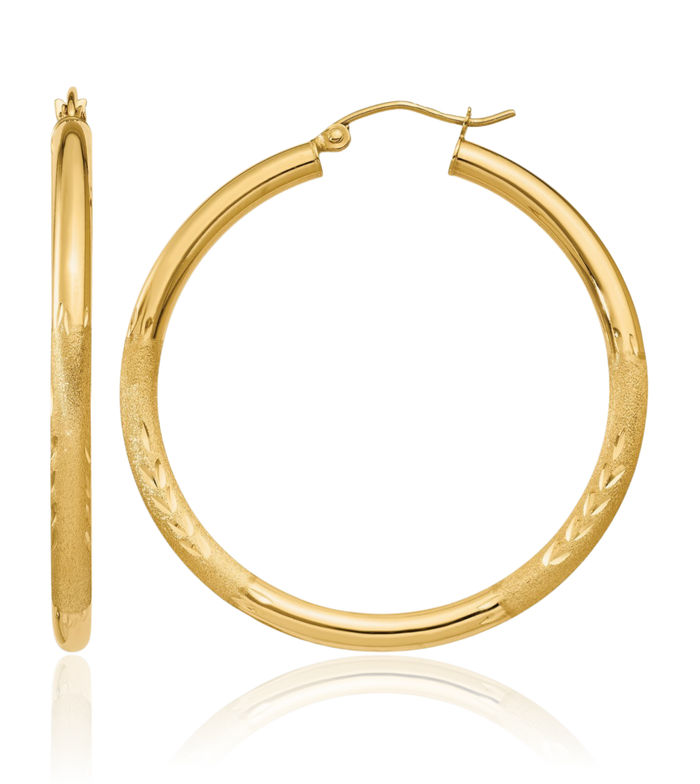 14K Solid Yellow Gold 3mm Round Large Hoop Earrings