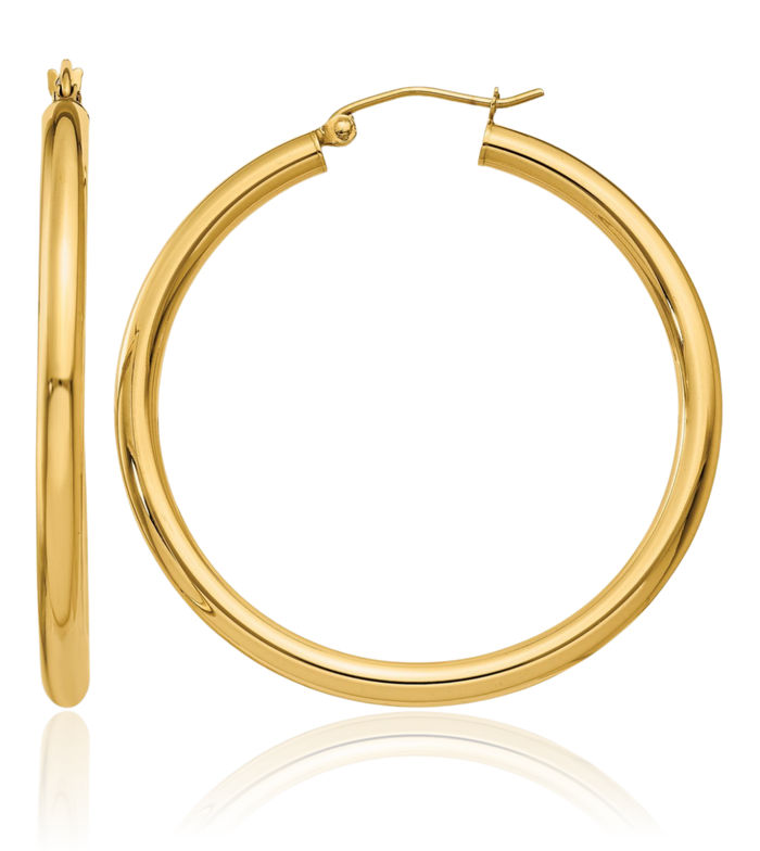 14K Solid Yellow Gold 3mm Tube Round Large Hoop Earrings