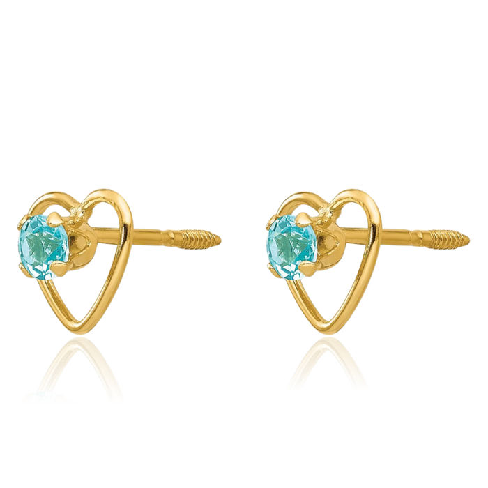 14K Solid Yellow Gold 3mm Sky Blue Topaz Heart Stud Earrings December Birthstone Jewelry