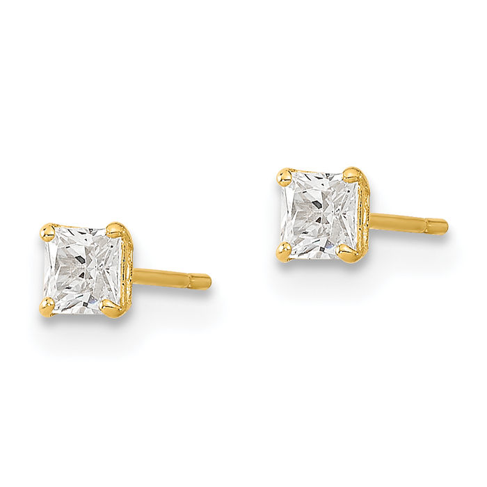 14K Solid Yellow Gold 3mm Square Cubic Zirconia CZ Stud Earrings