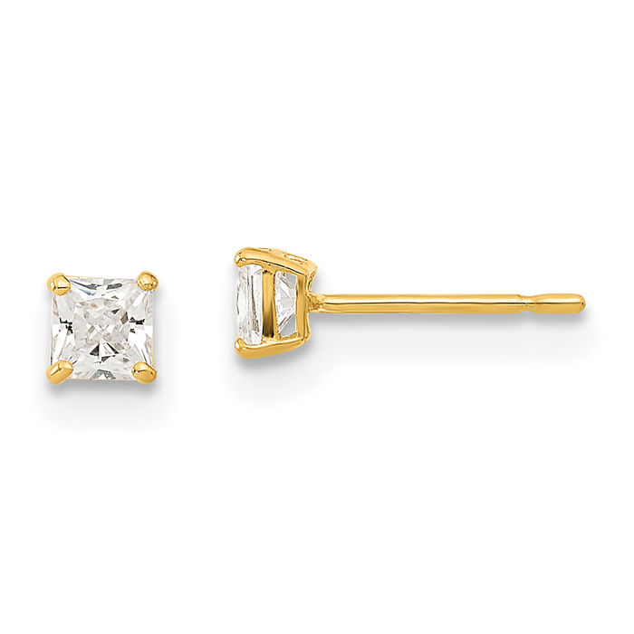 14K Solid Yellow Gold 3mm Square Cubic Zirconia CZ Stud Earrings