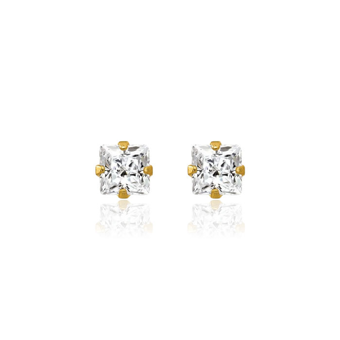 14K Solid Yellow Gold 3mm Square Cubic Zirconia CZ Stud Earrings