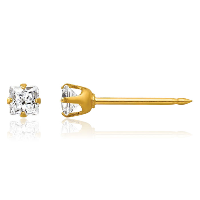 14K Solid Yellow Gold 3mm Square Cubic Zirconia CZ Stud Earrings