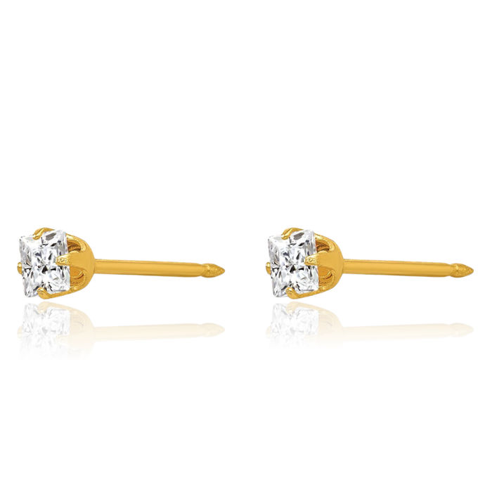 14K Solid Yellow Gold 3mm Square Cubic Zirconia CZ Stud Earrings