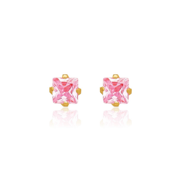 14K Solid Yellow Gold 3mm Square Pink Cubic Zirconia CZ Stud Earrings