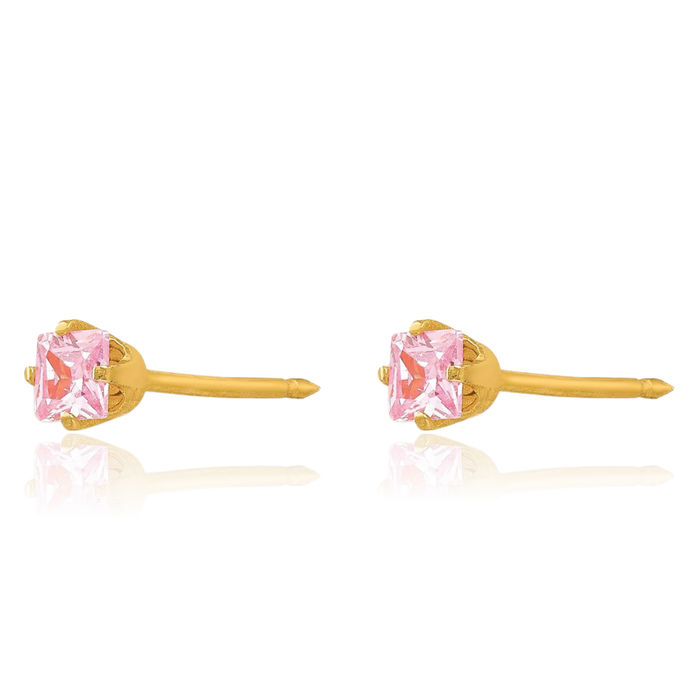 14K Solid Yellow Gold 3mm Square Pink Cubic Zirconia CZ Stud Earrings