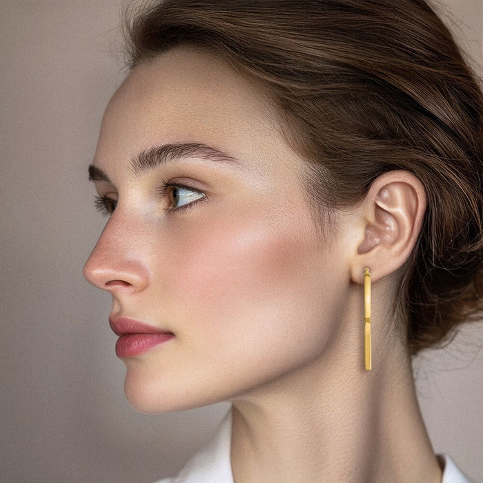 14K Solid Yellow Gold 3mm Square Round Extra Large Hoop Earrings