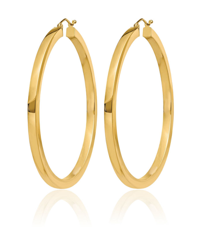 14K Solid Yellow Gold 3mm Square Round Extra Large Hoop Earrings