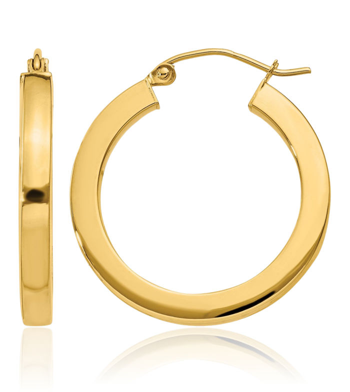 14K Solid Yellow Gold 3mm Square Round Medium Hoop Earrings