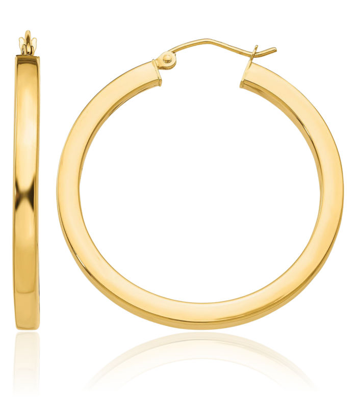 14K Solid Yellow Gold 3mm Square Round Medium Hoop Earrings