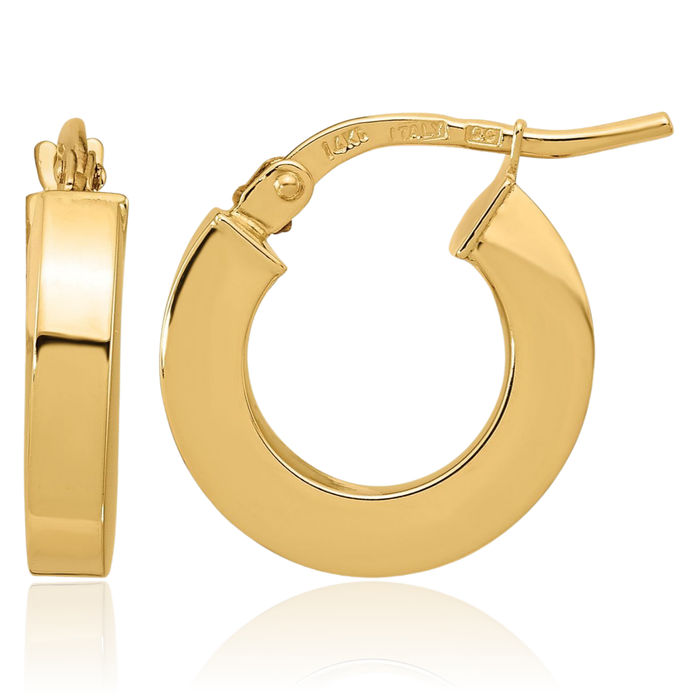 14K Solid Yellow Gold 3mm Square Tube Small Hoop Earrings