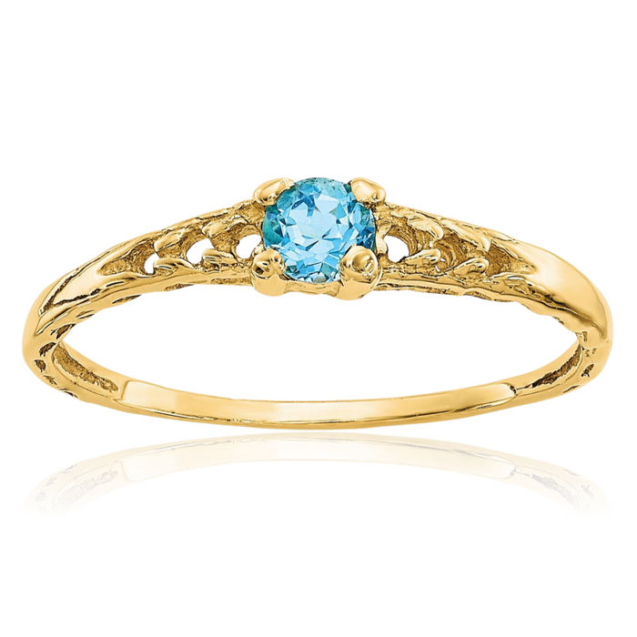 14K Solid Yellow Gold 3mm Swiss Blue Topaz Ring December Birthstone Jewelry