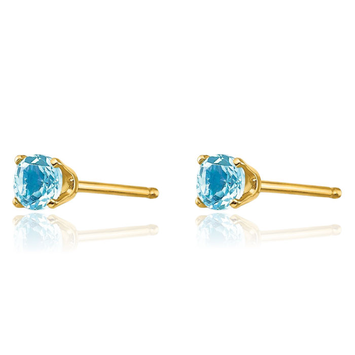 14K Solid Yellow Gold 3mm Swiss Blue Topaz Studs Gemstone Solitaire Earrings December Birthstone Jewelry