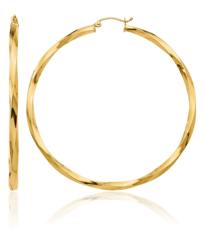 14K Solid Yellow Gold 3mm Twisted Round Extra Large Hoop Earrings